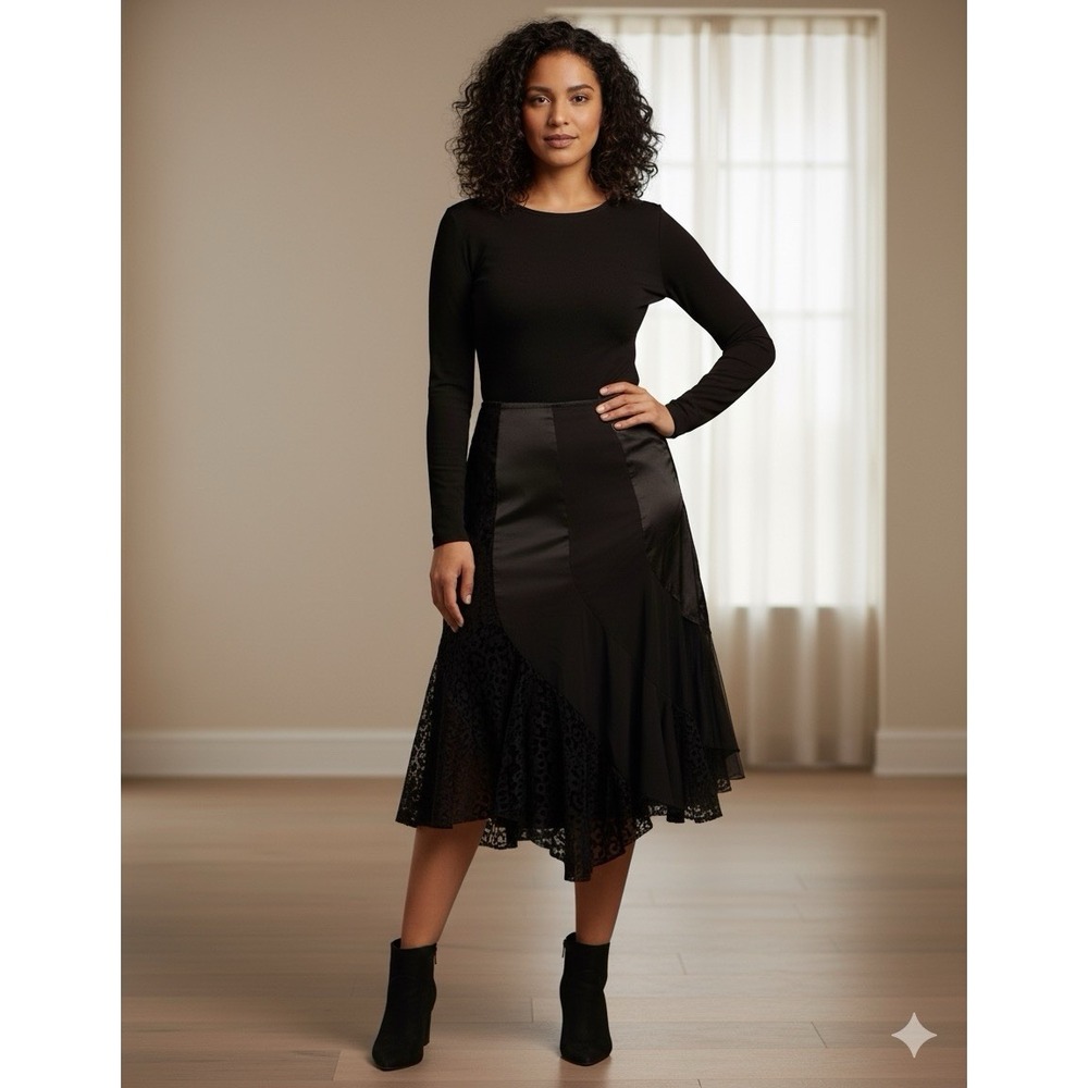 Nygard Collection Black Mixed Media Lace Satin Handkerchief Hem Midi‎ Skirt 6P
